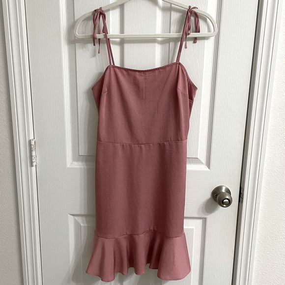 Express Dresses & Skirts - Express Tie Strap Satin Blush Pink Bow Ruffle Midi Fit and Flare Dress